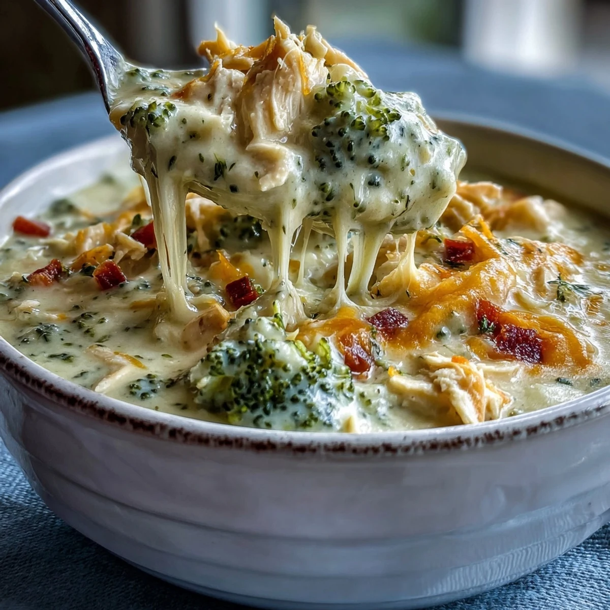 A steaming bowl of the Best Chicken Broccoli Cheddar Soup, garnished with extra sharp cheddar and fresh parsley on a rustic wooden table.