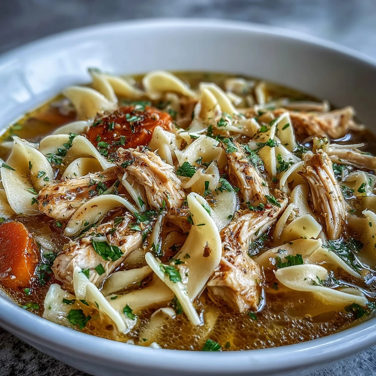 A steaming bowl of classic Chicken and Noodle Soup features tender shredded chicken, colorful carrots, and celery in a rich golden broth.