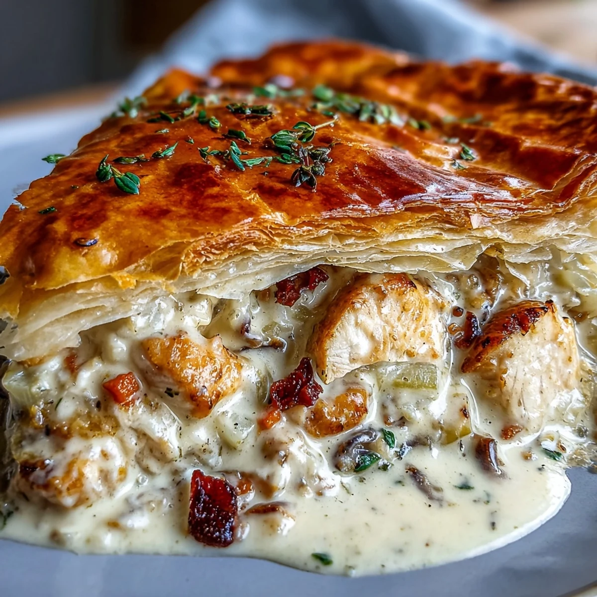 Steam rises from a rustic Chicken and Leek Pie served alongside buttery mashed potatoes and fresh thyme sprigs.