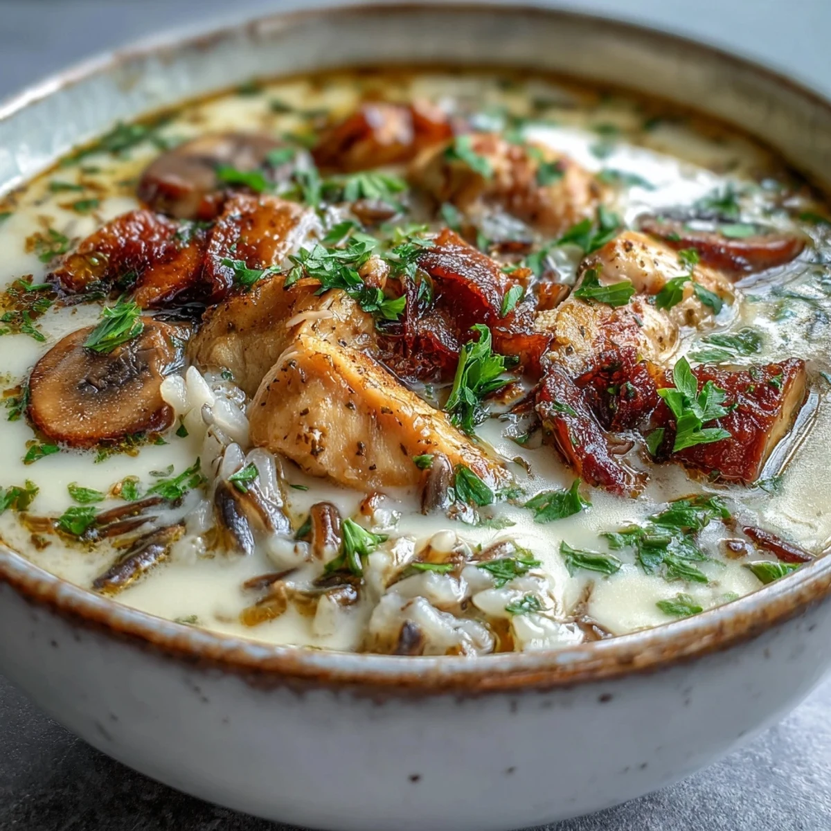 A steaming bowl of Parmesan Mushroom Chicken and Wild Rice Soup garnished with fresh parsley, showcasing tender chicken, sliced mushrooms, and nutty wild rice in a creamy broth.