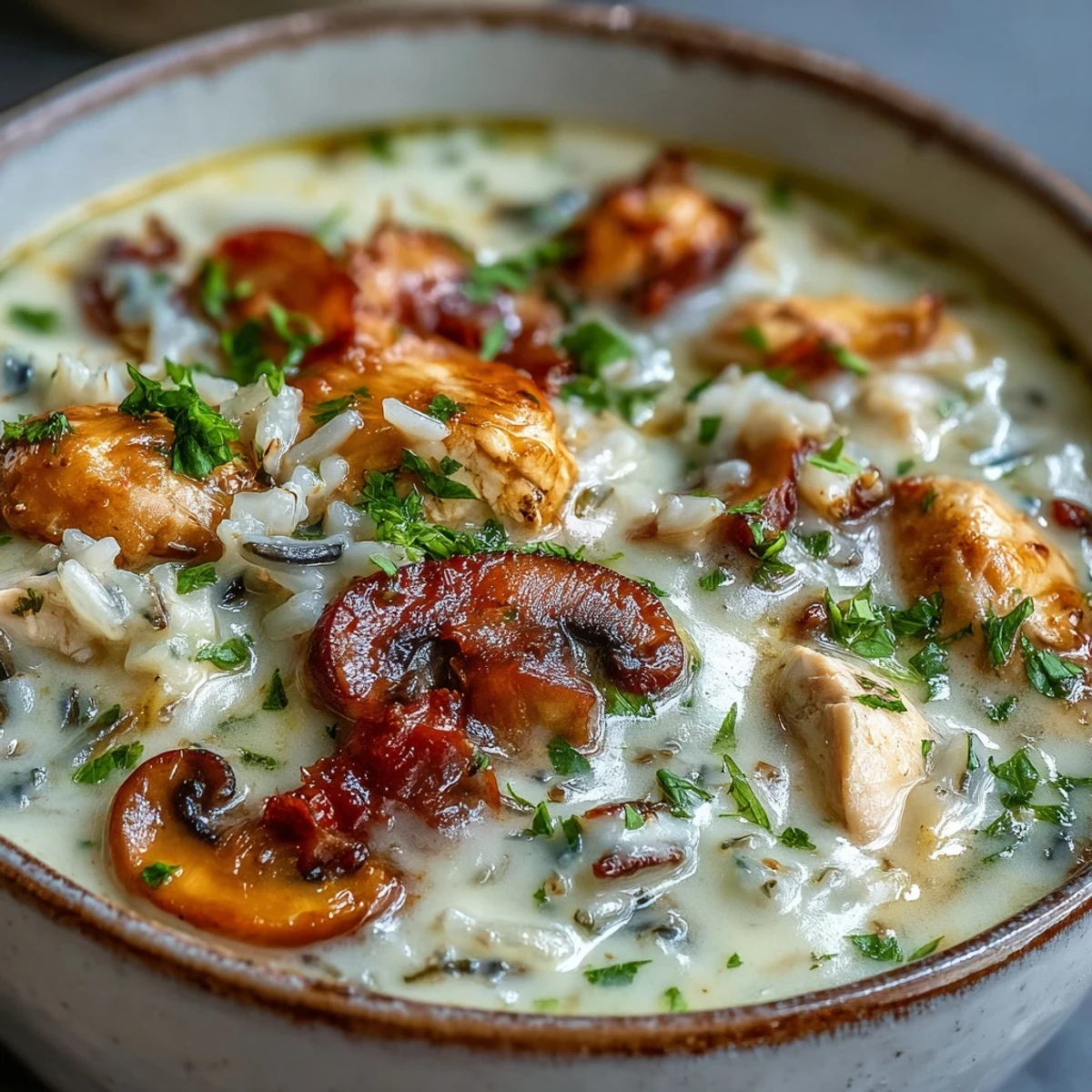 Close-up view of rich Parmesan Mushroom Chicken and Wild Rice Soup in a rustic bowl, highlighting creamy texture, savory herbs, and a sprinkle of extra Parmesan.