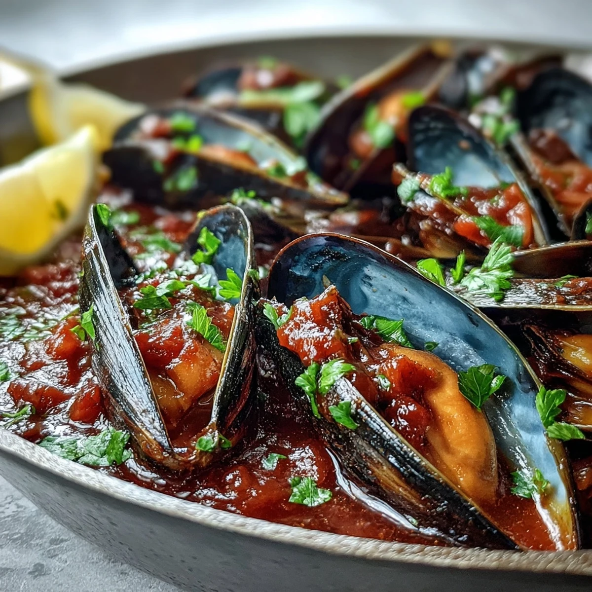 Freshly steamed Smoky Mussels Pomodoro simmering in a rich tomato broth with garlic and onions.