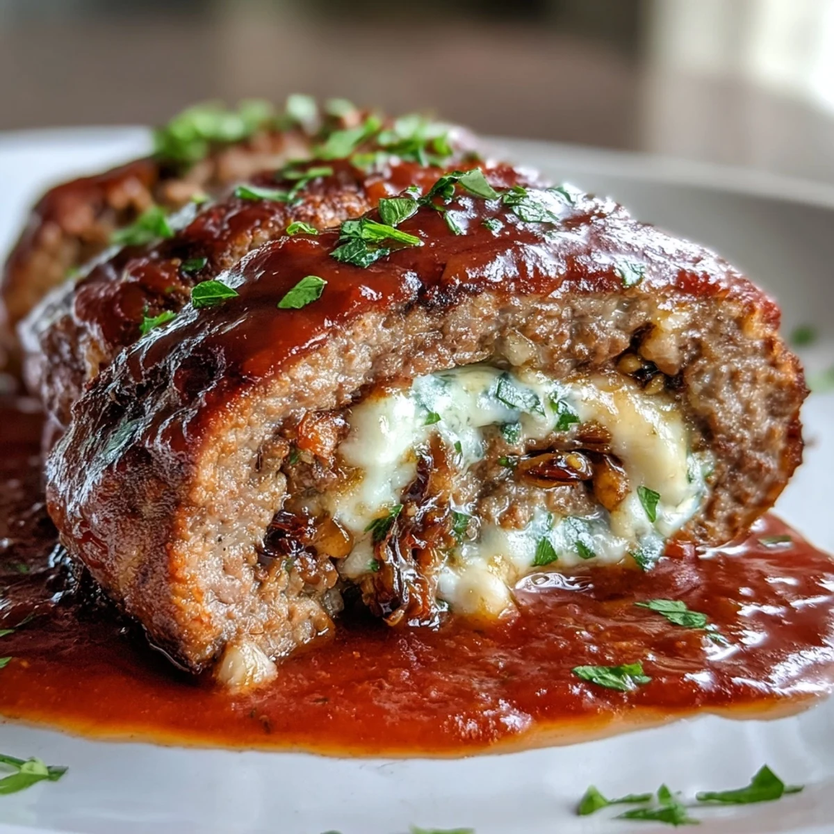 Golden-brown Sicilian-Style Braciole slices are served over pasta with rich tomato sauce and fresh basil.