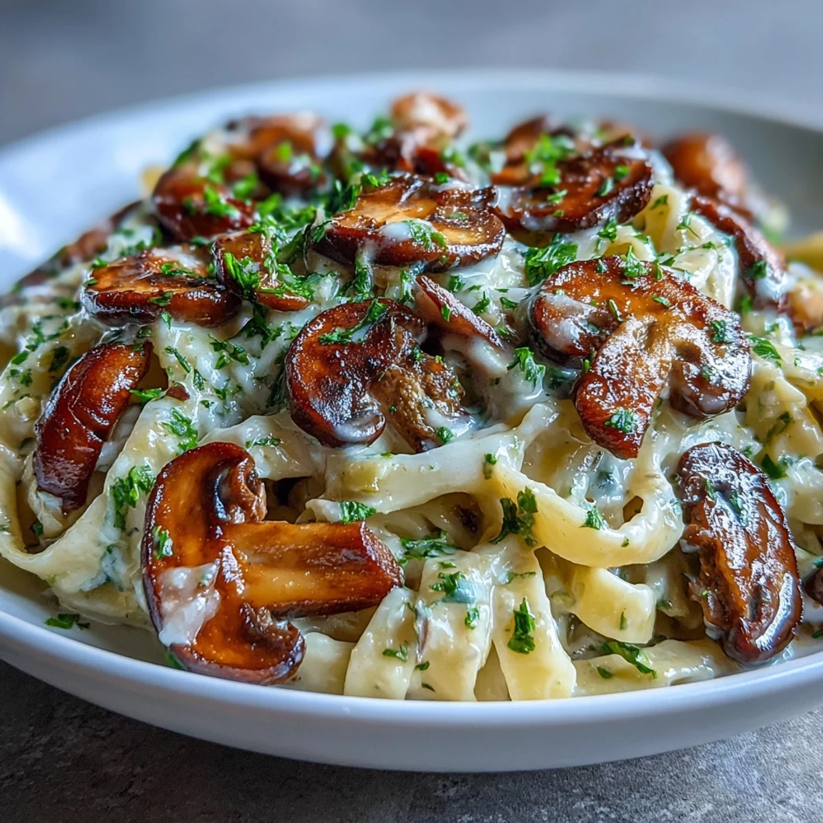 Creamy Mushroom Stroganoff tossed in a skillet with golden-brown mushrooms and fresh parsley garnish.
