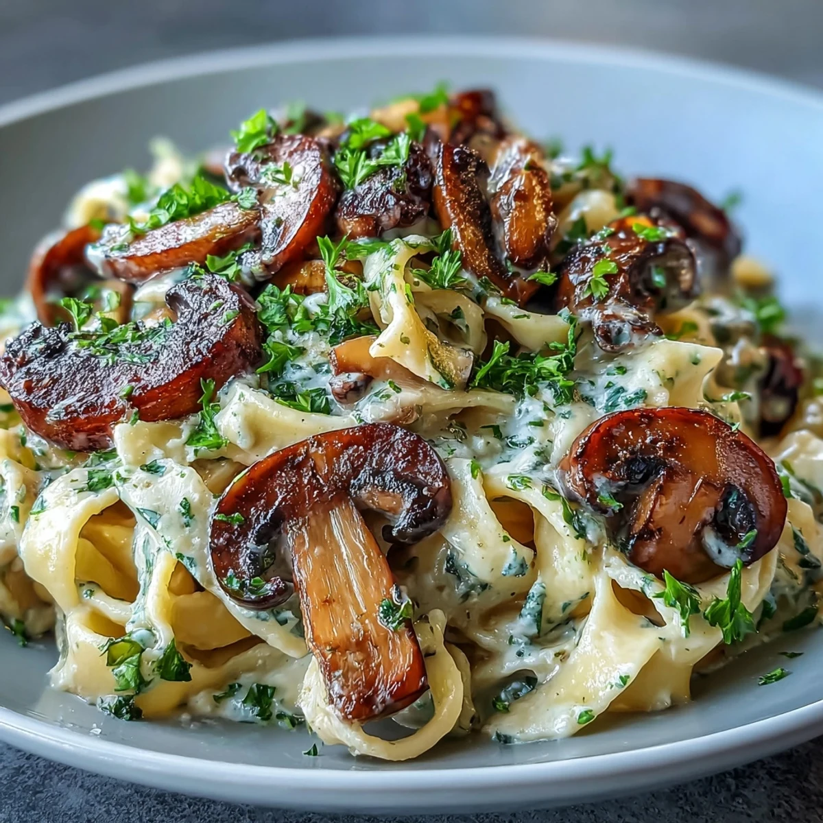 Creamy Mushroom Stroganoff served on white plates, with sour cream sauce clinging to fettuccine noodles.