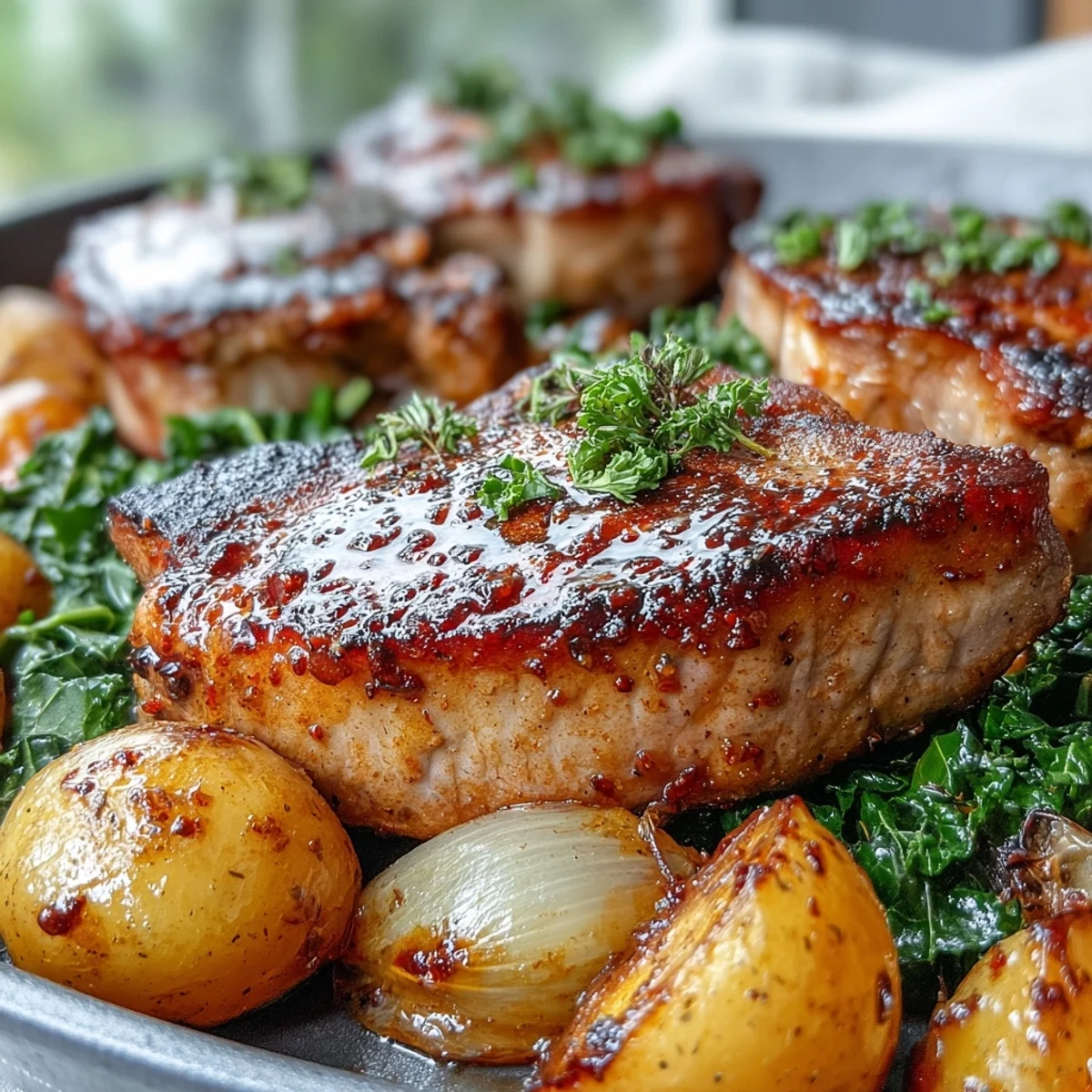 Golden roasted Aleppo Pork Chops with crispy potatoes, served alongside sautéed kale and lemon. 