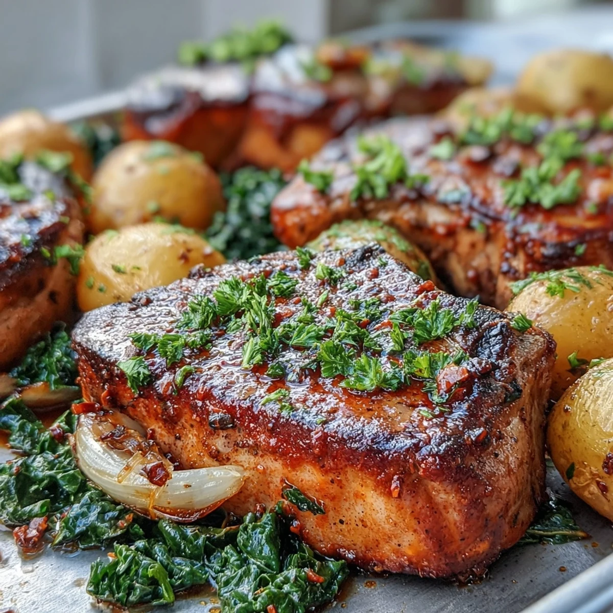 Juicy Aleppo Pork Chops marinated in smoky paprika, resting beside charred potatoes and greens. 