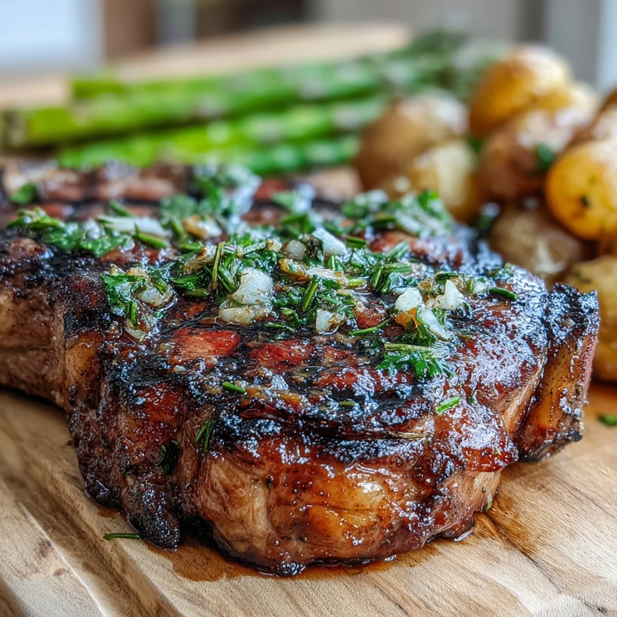 Perfectly grilled bone-in rib eye steak with buttery parsley potatoes and charred asparagus, garnished with fresh rosemary and lemon wedges.