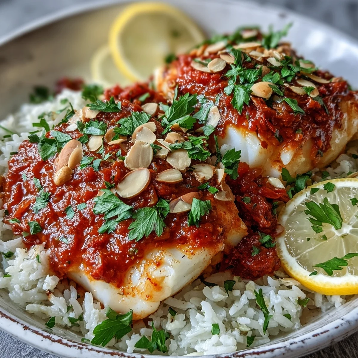 Vibrant tomato-roasted cod with golden fish nestled in rich sauce, scattered with toasted almonds alongside fluffy ginger rice.