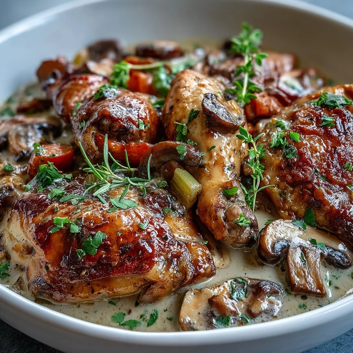 Golden-brown chicken pieces simmered in Coq au Vin Rosé, revealing rich cream and sautéed vegetables in a French culinary presentation.