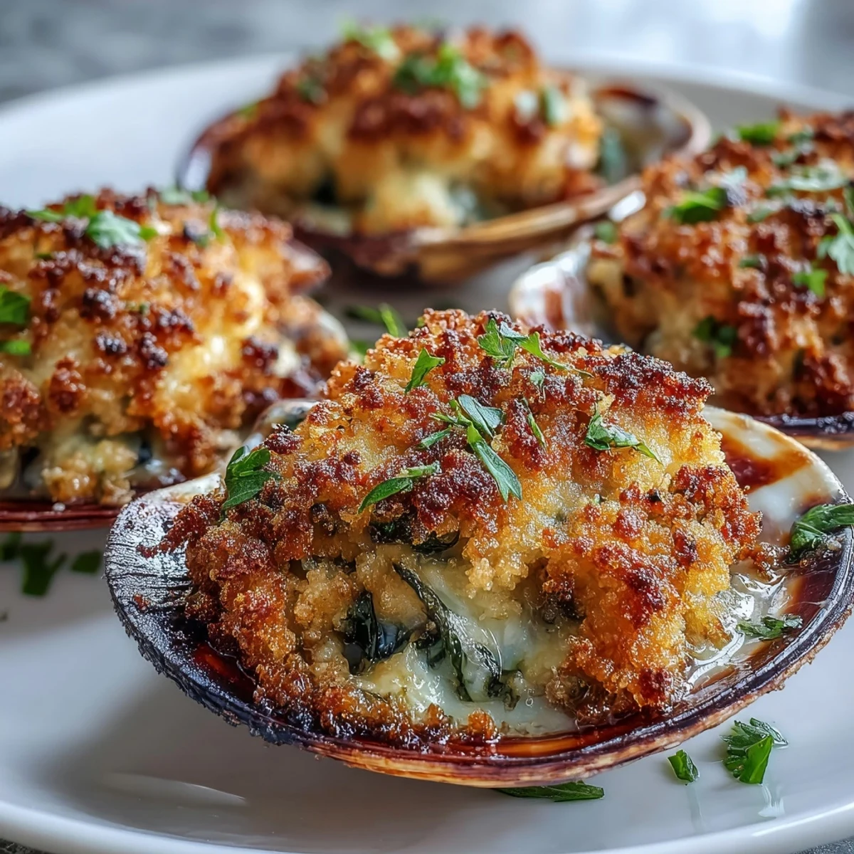 Close-up of Roasted Clams With Lemony Panko arranged on a baking sheet, highlighting the buttery, toasted panko texture and lemon zest.