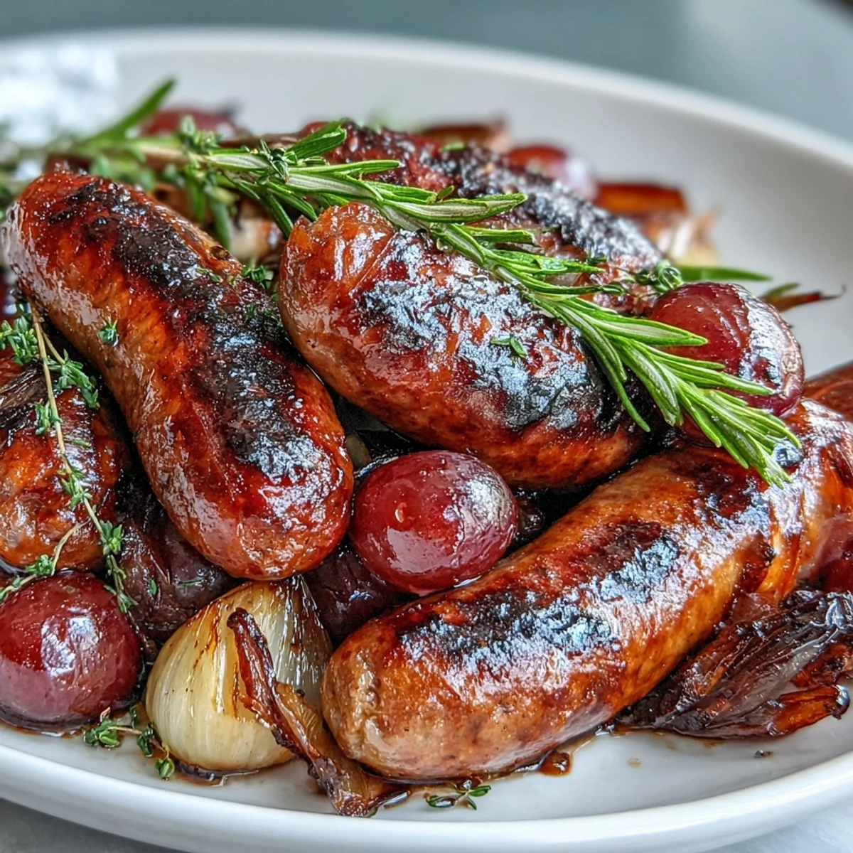 Juicy Italian sausages and caramelized red grapes roasted with rosemary on a sheet pan, served hot with pan juices.