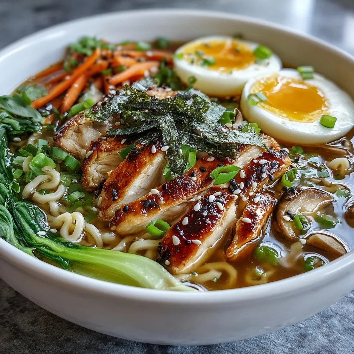 Fresh bok choy and crisp vegetables top the Healthy Miso Chicken Noodle Bowls, with soft-boiled egg and sesame seeds.