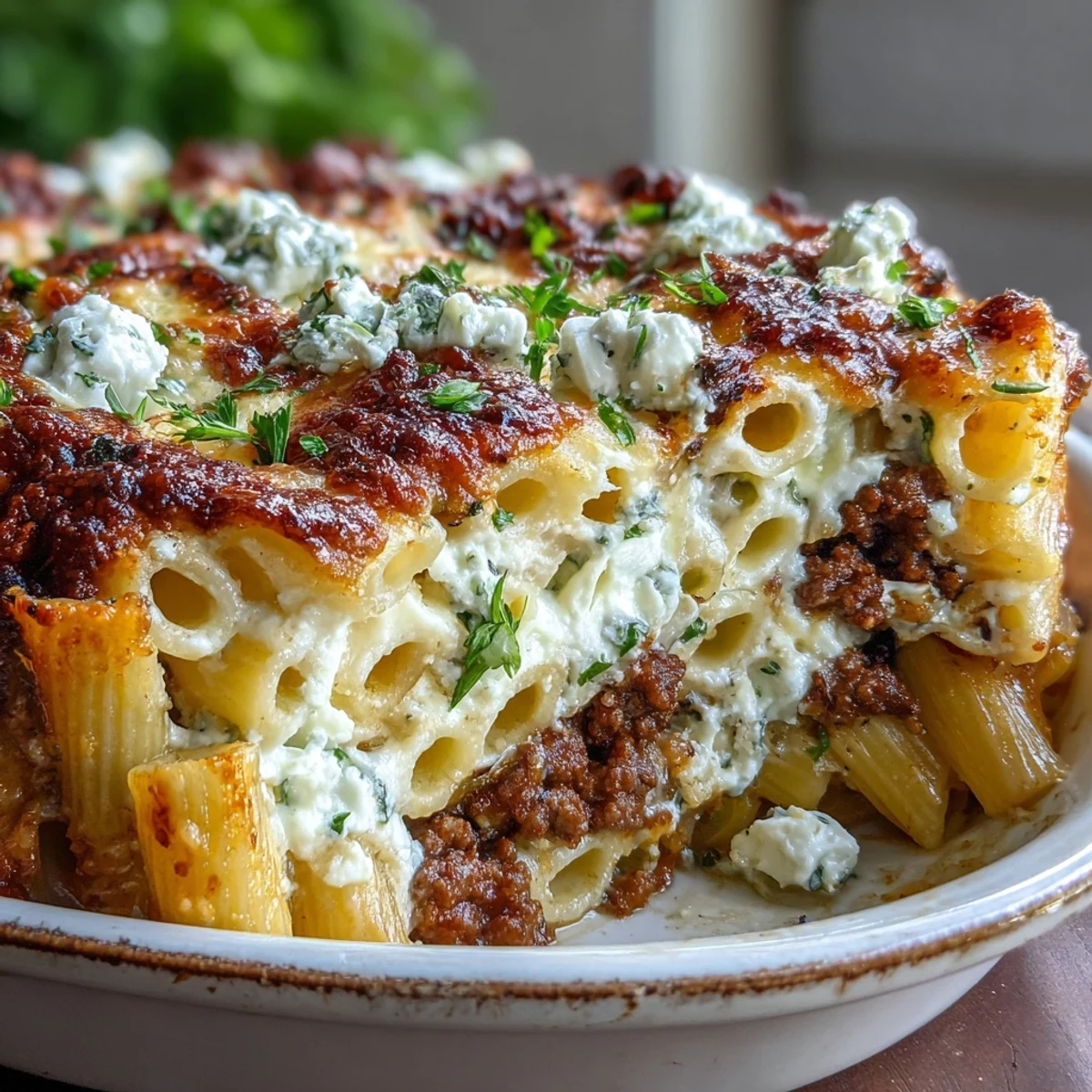 A close-up of golden, bubbling Cottage Cheese Protein Pasta Bake with ground beef, served on a plate with fresh parsley.