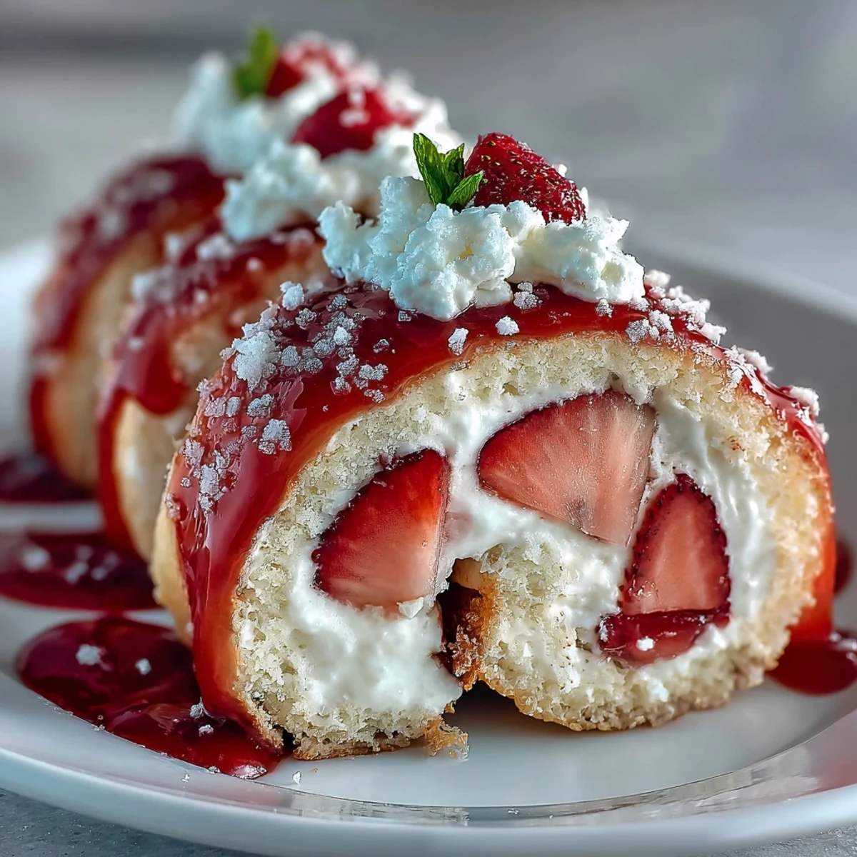 Overhead view of homemade Strawberry Shortcake Sushi Roll pinwheels revealing layers of airy sponge cake and juicy strawberries inside.