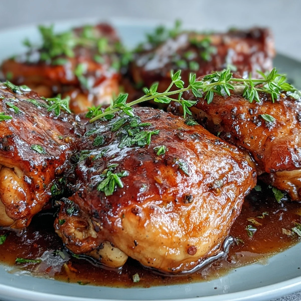 A rustic plate of Slow Cooker Honey Mustard Chicken next to creamy mashed potatoes and steamed green beans.