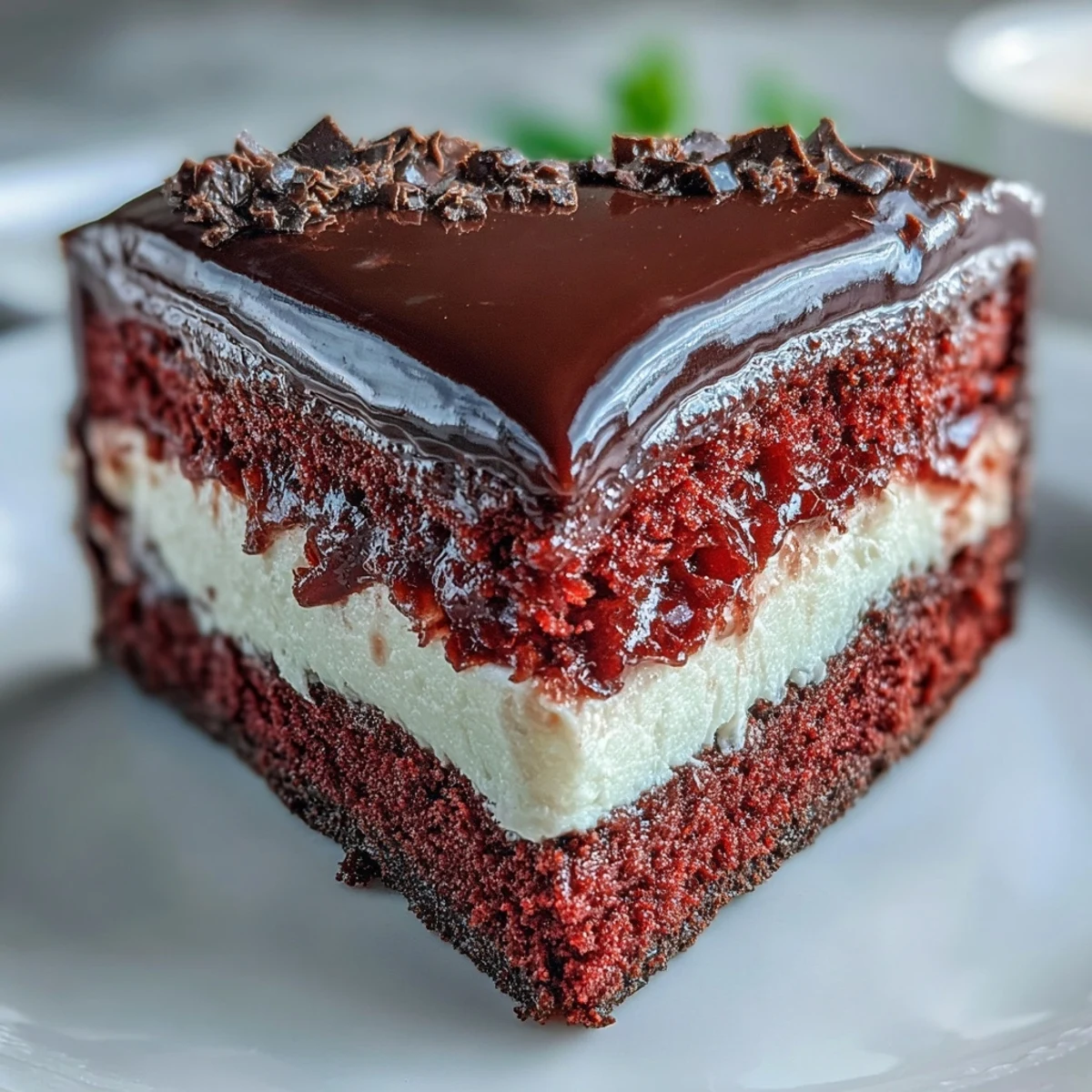 A slice of the red velvet heart cake shows its soft crumb and sweet-tangy cream cheese frosting on a dessert plate.