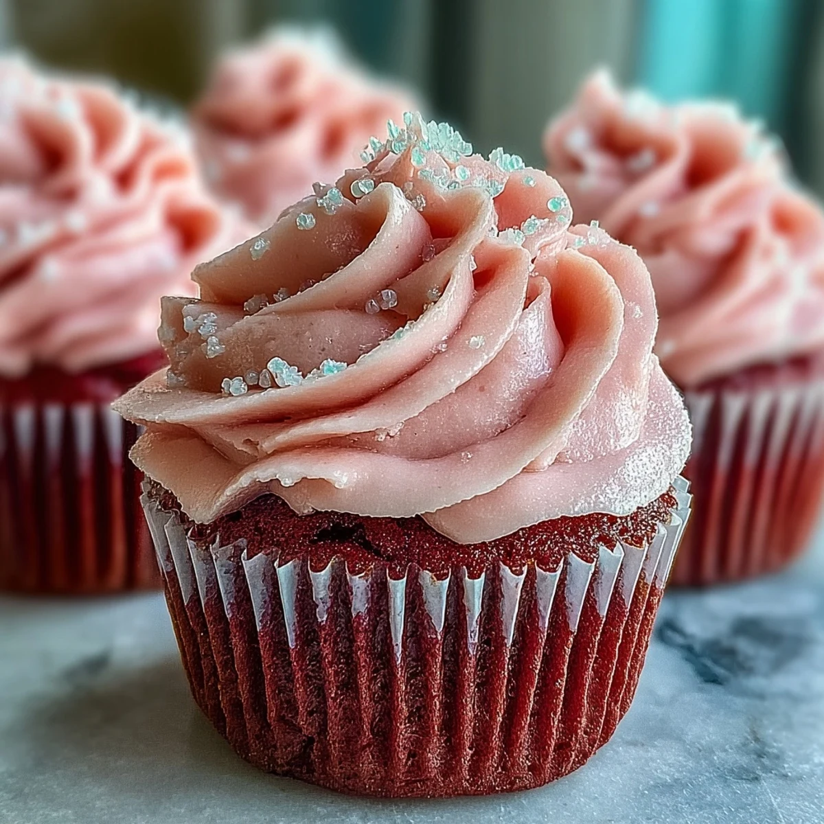 Freshly frosted Pink Velvet Cupcakes with Vanilla Buttercream Frosting, featuring fluffy pink cake and a generous swirl of creamy white frosting on a marble counter. 