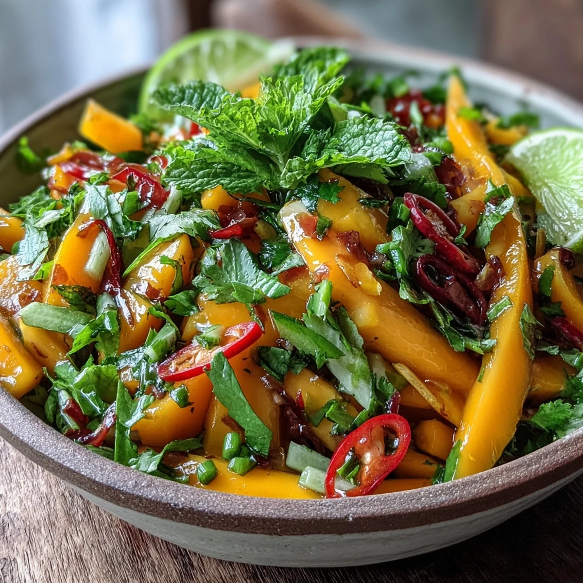 A close-up of the Refreshing Mango Salad with Lime Dressing showcases vibrant mango strips, crisp red bell pepper slices, and cucumber half-moons glistening with a tangy honey-lime vinaigrette and flecks of fresh cilantro.  