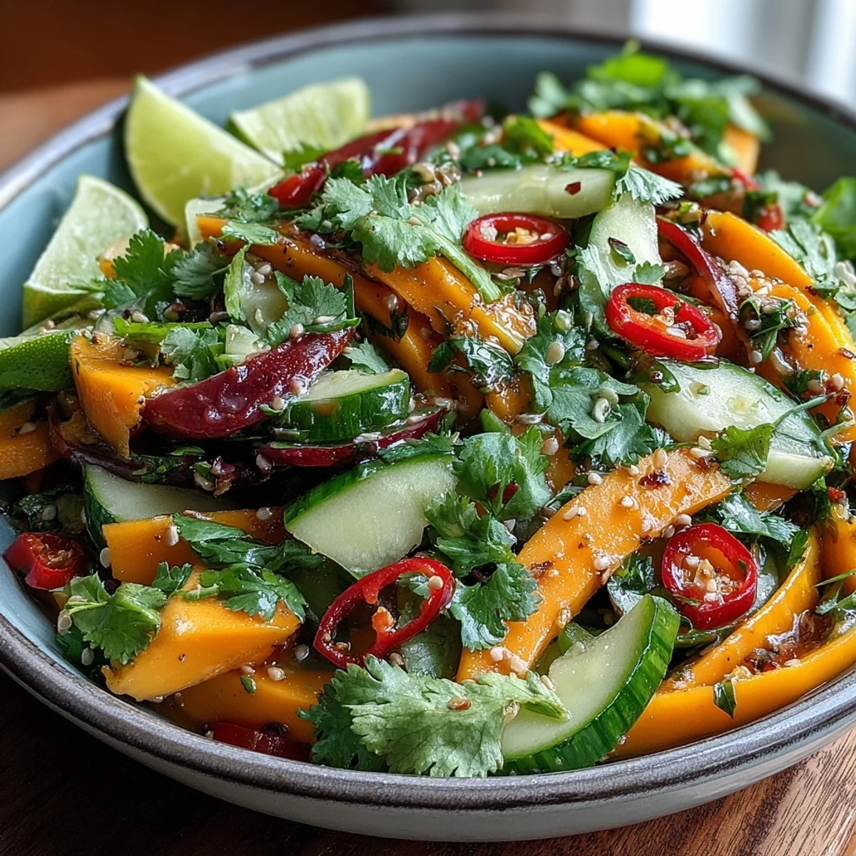 In a white bowl, the Refreshing Mango Salad with Lime Dressing features sweet mango, crunchy veggies, and a glossy citrus dressing, garnished with cilantro and optional red chilies for a gentle kick.