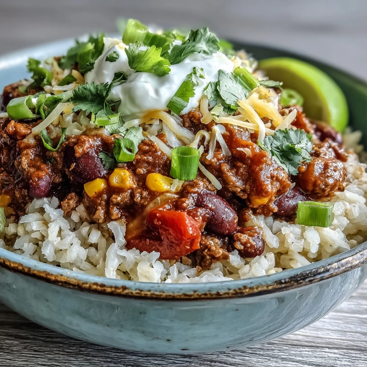A hearty bowl of chili base with ground beef, beans, corn, and bell peppers over fluffy white rice, ready to customize with toppings.
