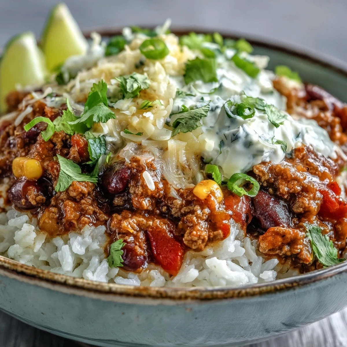 Spicy, smoky chili bowl base served warm over quinoa, topped with avocado and jalapeños for a vibrant, satisfying American family meal.