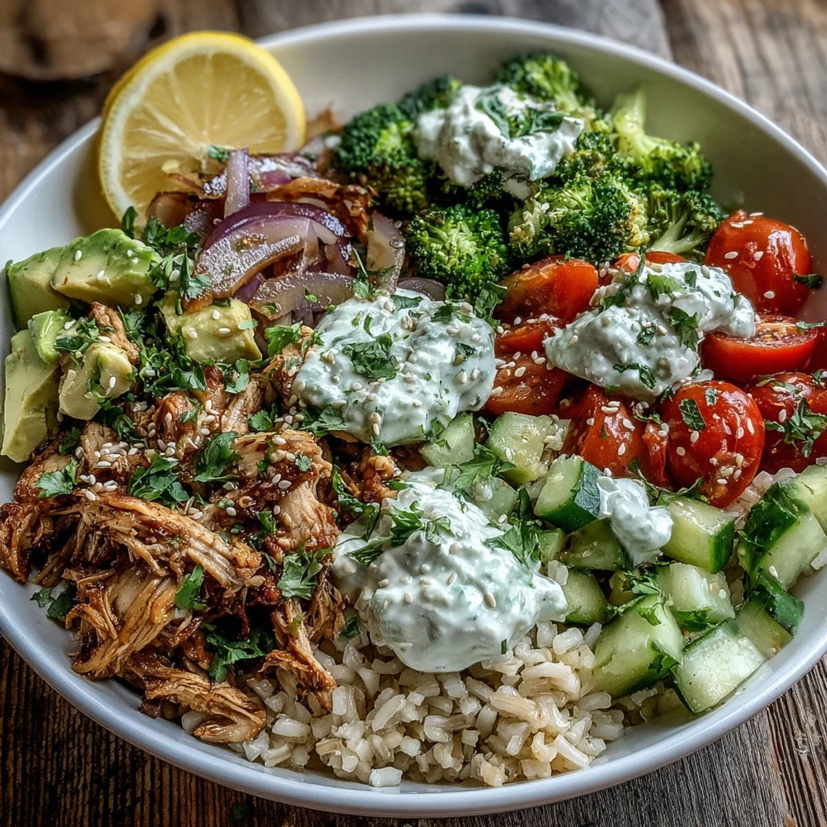 Rotisserie Chicken Bowl drizzled with sriracha mayo and lemon, ready for a quick weeknight dinner.