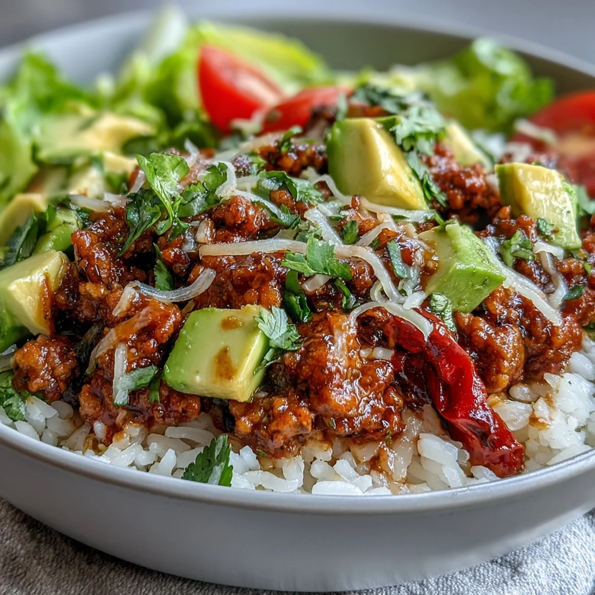 A vibrant Turkey Taco Bowl with seasoned ground turkey, fluffy rice, lettuce, tomatoes, and avocado, served with lime wedges.