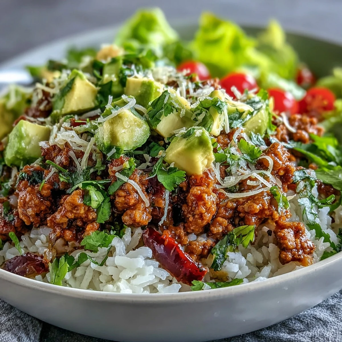 Assembled Turkey Taco Bowl featuring ground turkey, red bell peppers, salsa, and avocado, ready for a customizable Mexican-inspired meal.