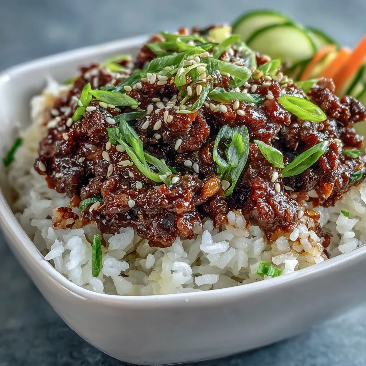 A close-up of a vibrant Korean Ground Beef Bowl with seasoned ground beef, sesame seeds, and tangy pickled carrots and cucumbers over fluffy jasmine rice.