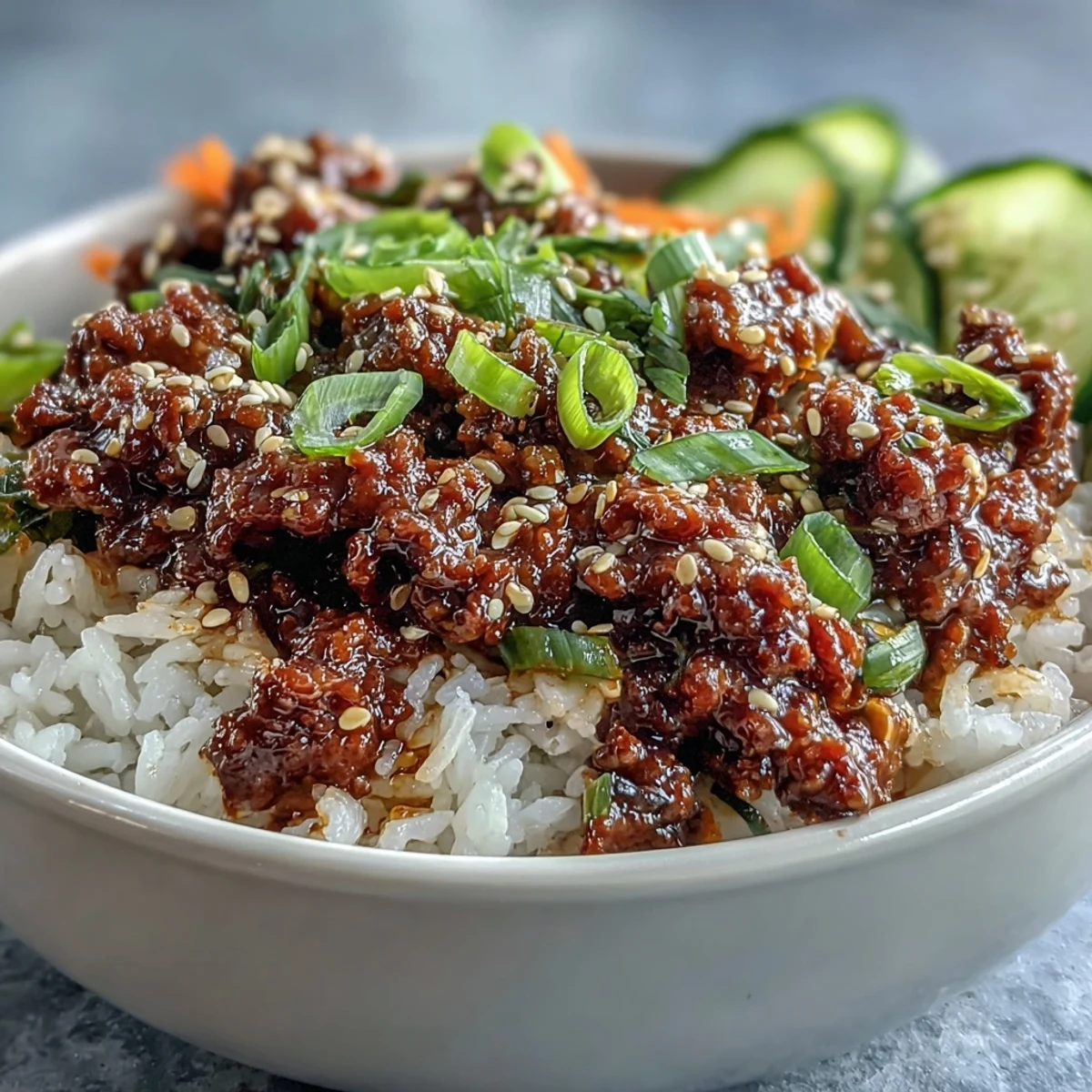 Ready-to-eat Korean Ground Beef Bowl garnished with sesame seeds, showcasing a mix of tender beef, rice, and vibrant quick-pickled vegetables.