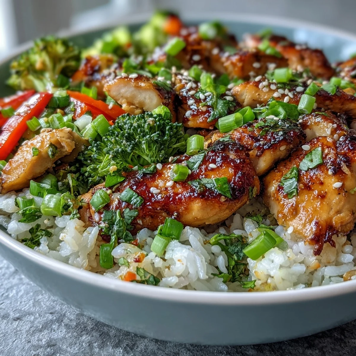 Steamed rice and golden sautéed chicken mingle with crisp vegetables in this colorful, gluten-free Chicken and Rice Bowl recipe.