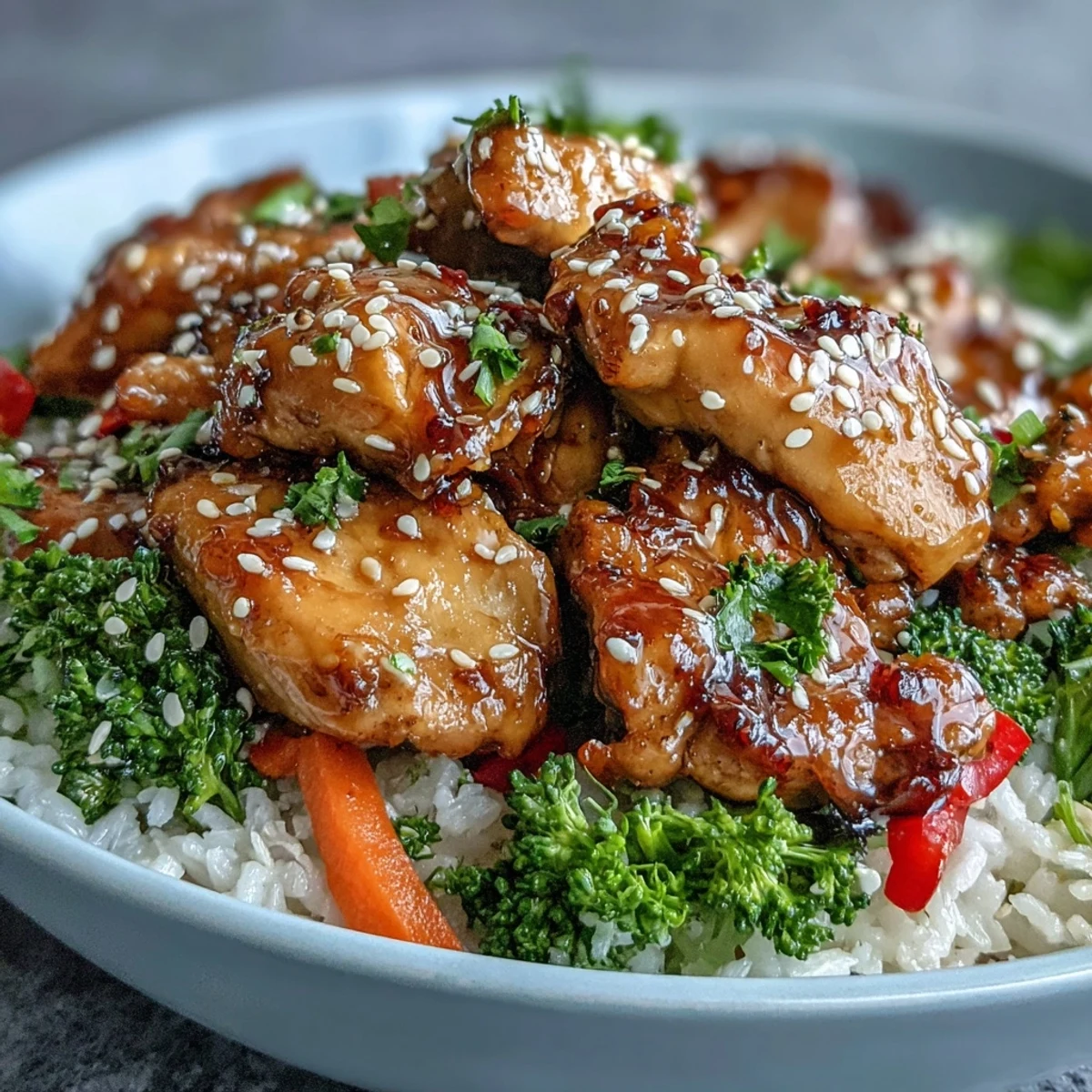 A vibrant bowl of Honey Garlic Chicken Bowl featuring tender glazed chicken, fluffy rice, and crisp steamed vegetables topped with sesame seeds.  