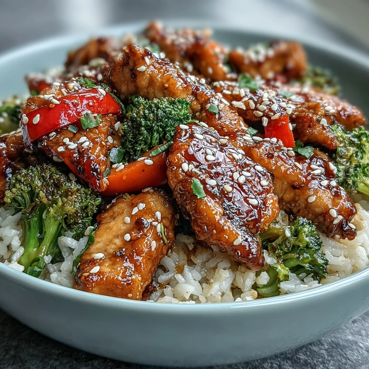 Savory Honey Garlic Chicken Bowl served over white rice, garnished with fresh green onions and sesame seeds for a colorful, family-style meal.  