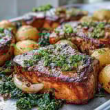 Juicy Aleppo Pork Chops marinated in smoky paprika, resting beside charred potatoes and greens. 