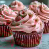 Close-up view of a sliced Pink Velvet Cupcakes with Vanilla Buttercream Frosting, revealing the tender, moist pink crumb and rich buttercream layer. 