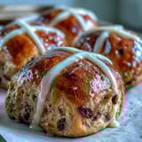 Golden, fluffy hot cross buns with orange glaze, bursting with currants and aromatic spices, ideal for festive springtime gatherings.  