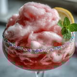 Vibrant pink cotton candy dissolving in cold lemonade, topped with creamy vanilla ice cream and fresh mint.