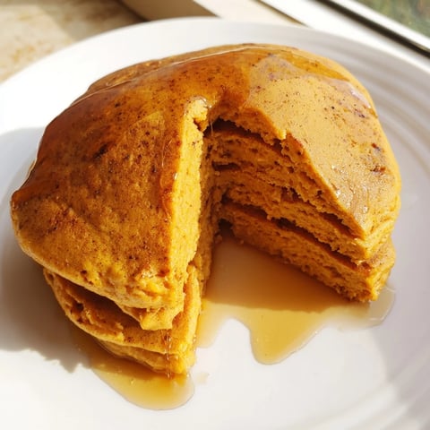 Golden brown Pumpkin Spice Pancakes stack on a white plate, drizzled with maple syrup and topped with a dollop of whipped cream for a cozy breakfast.
