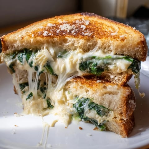 Golden, crisp sourdough grilled cheese sandwich filled with creamy spinach-artichoke dip, oozing melted cheeses and served warm.  