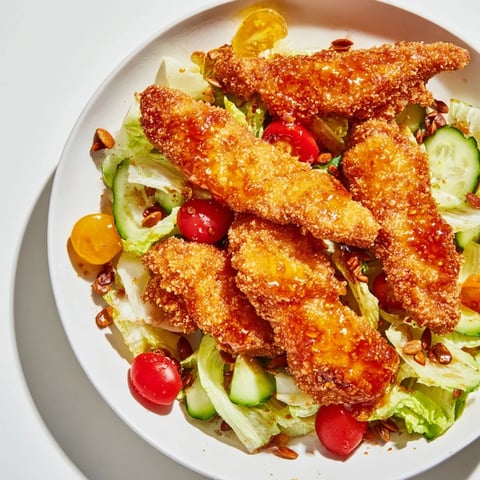 Crispy Hot Honey Chicken Salad features golden fried chicken strips glazed with spicy honey over a bed of crisp romaine and fresh veggies.