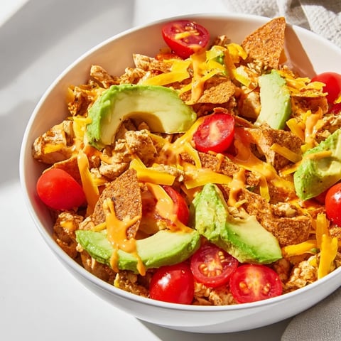 A bowl of Chicken Taco Chopped Salad features seasoned chicken, crisp lettuce, and creamy salsa ranch dressing.