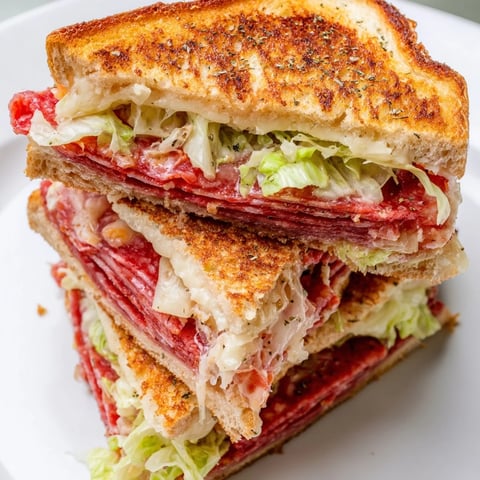 Golden-brown Italian Sub Grilled Cheese sandwich with melted provolone, salami, and pepperoni stacked on buttery bread.