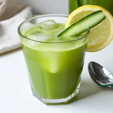Fresh green cabbage and kale detox juice served over ice, garnished with lemon slices and a ginger piece.  