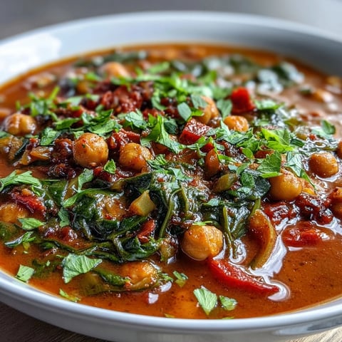 A close-up of vibrant Spicy Chickpea Stew in a rustic bowl, garnished with fresh cilantro and a lemon wedge.