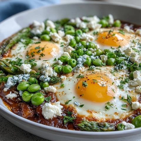 Vibrant Pea and Broad Bean Shakshuka with runny eggs nestled in a spiced tomato and herb sauce, served in a skillet.  