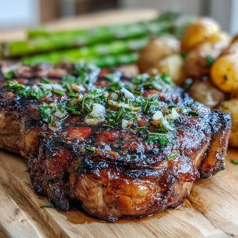 Perfectly grilled bone-in rib eye steak with buttery parsley potatoes and charred asparagus, garnished with fresh rosemary and lemon wedges.