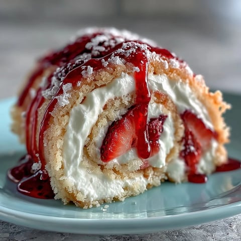 Freshly sliced Strawberry Shortcake Sushi Roll displays golden crepes wrapped around whipped cream and berries on a marble slab.