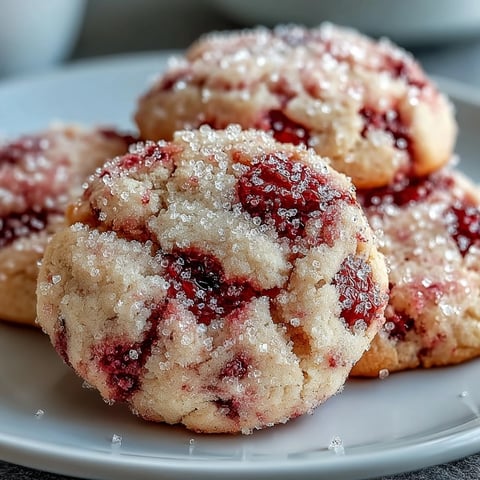 A batch of freshly baked soft chewy raspberry sugar cookies, glistening with a sparkly sugar crust and studded with ruby-red berry pieces on a wire rack.  