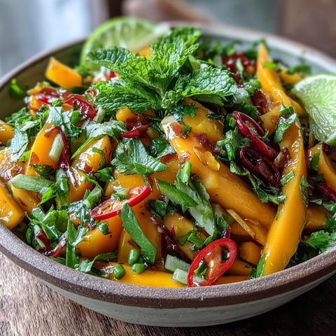 A close-up of the Refreshing Mango Salad with Lime Dressing showcases vibrant mango strips, crisp red bell pepper slices, and cucumber half-moons glistening with a tangy honey-lime vinaigrette and flecks of fresh cilantro.  